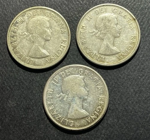 Canada 1957/58/59 50 Cents Silver Coins: Lot of 3 -ASW 0.9 oz-BSTK0124