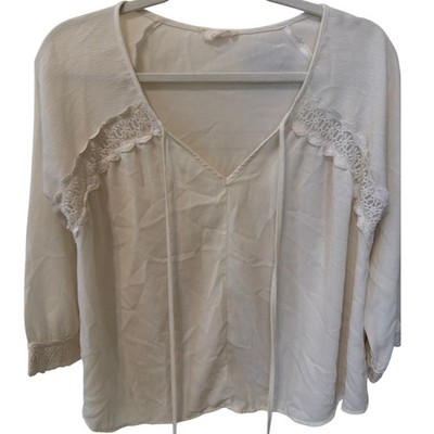 E&M Cream Lace Trimmed Blouse Women's Size Medium Boho Cottage Coastal Fairy