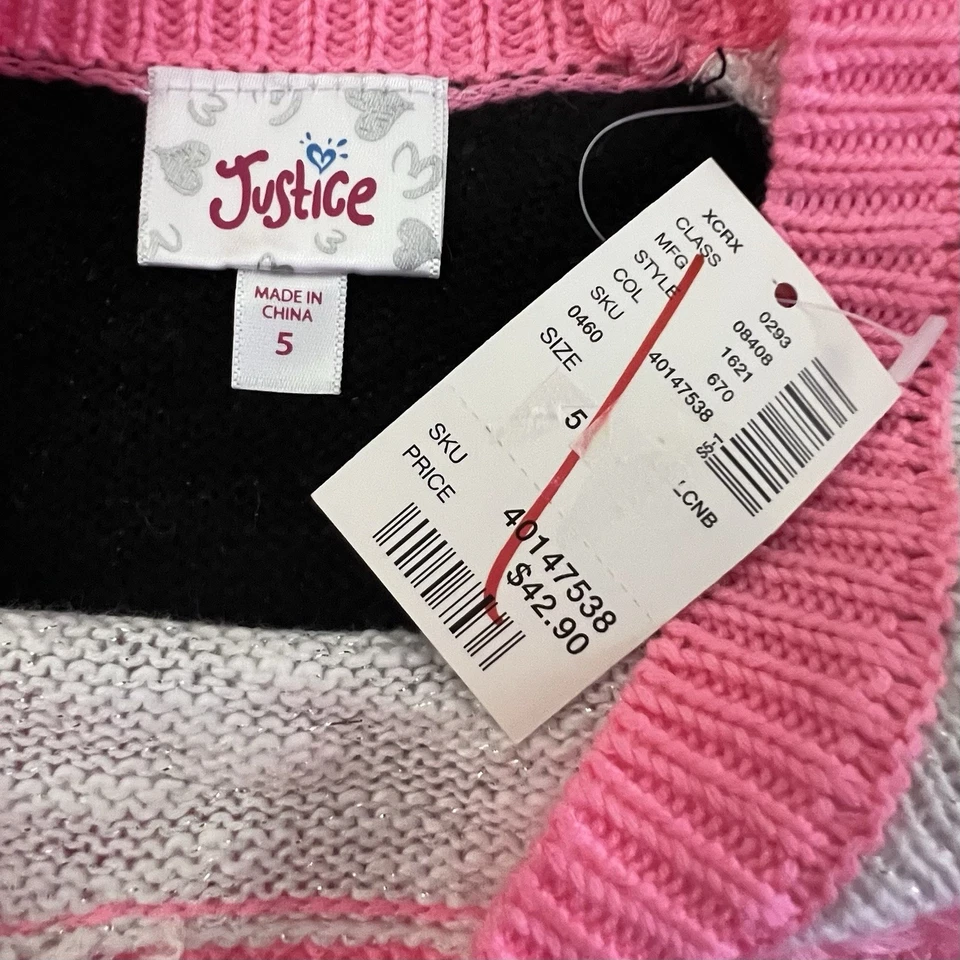 Justice Girls Fuzzy Pink Heart Multicolor Striped Sweater Girls 5 Crop Soft NWT - Image 2 of 4