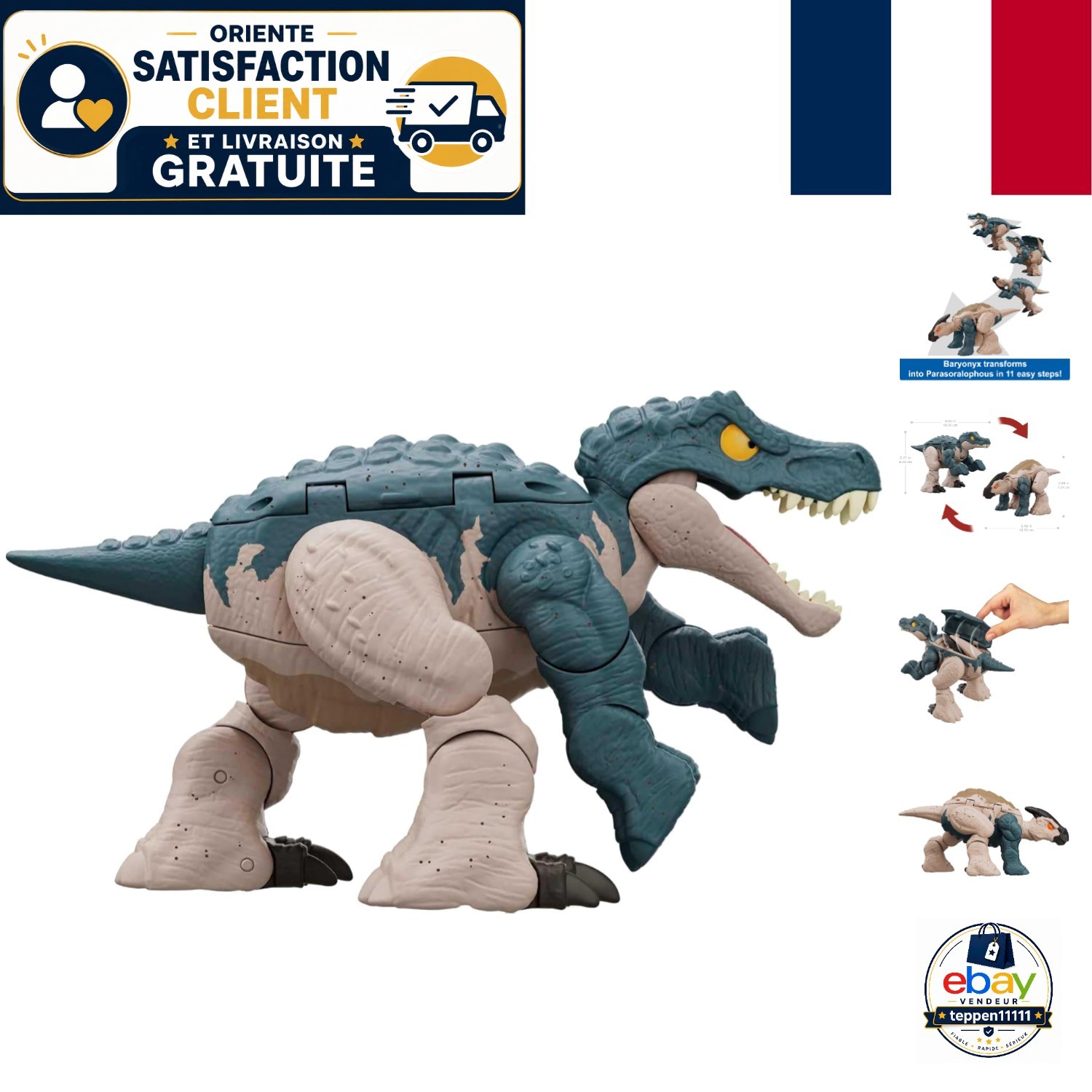 Dinosaures Transformables Mattel 2-en-1 figurine articulée Baryonyx articulé 11 étapes