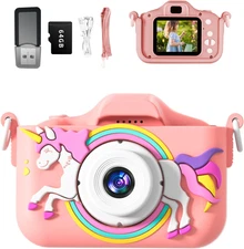 Kids Camera, Rainbow Design, 2.0 Inch LCD Screen, with 64GB Memory Card, Girls T