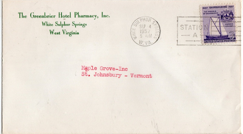 1957 Greenbrier Hotel Pharmacy  Postal Cover-3 Cent -White Sulpher Springs W. Va