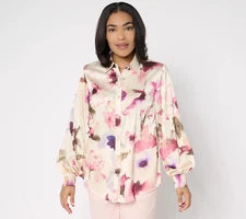 #912 Dennis Basso Regular Printed Woven Top with Blouson Sleeves Size M