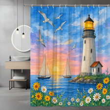 Lighthouse Shower Curtain, Nautical Decor, Beach Theme, Watercolor Art