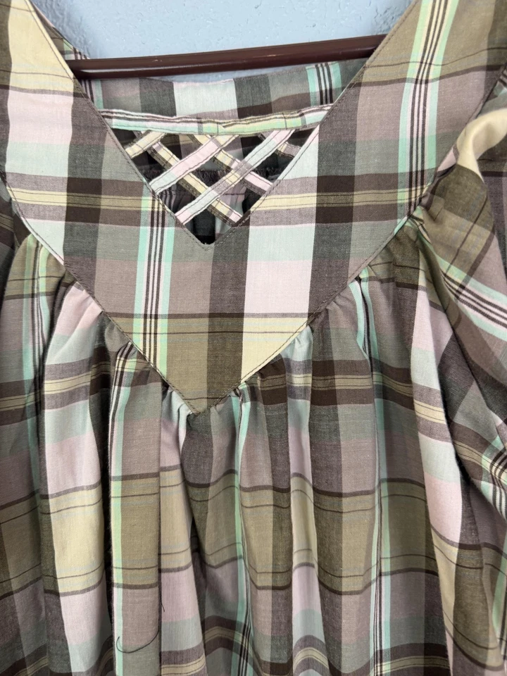 Vestido Haband para mujer mediano a cuadros manga corta con volantes bolsillo Cottagecore Foto 2 de 4