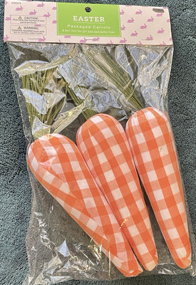 3 EASTER CARROTS ORANGE WHITE GINGHAM CHECK FARMHOUSE DECOR BASKET FILLER CRAFTS