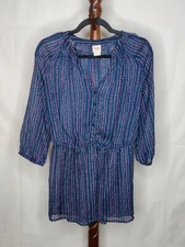 Mossimo women's L tunic blue floral print v-neck 3/4 sleeve elastic waist