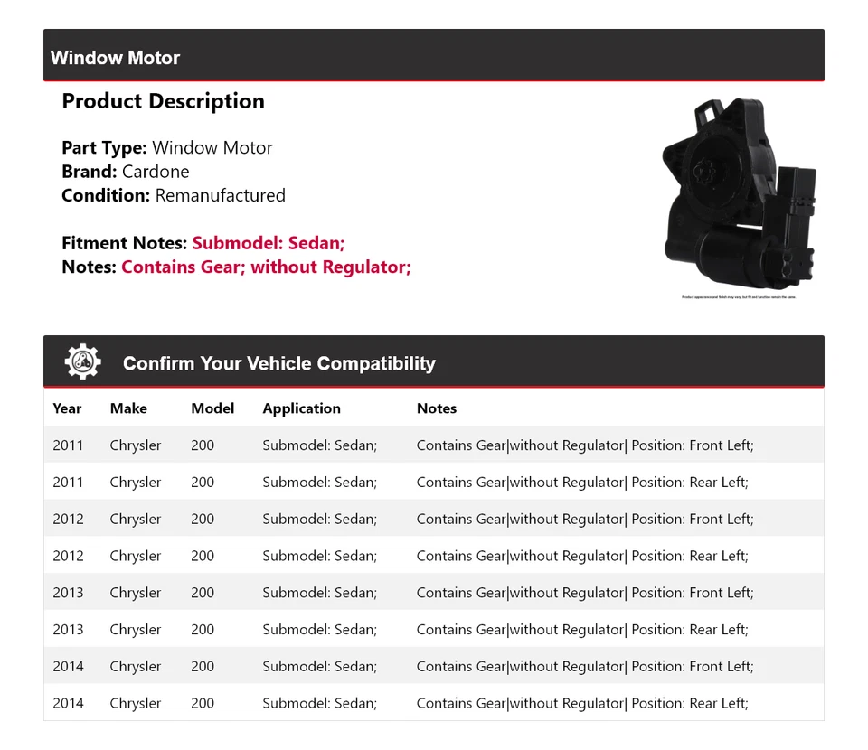 Para Chrysler 200 2011-2014 sedán ventana motor cardone 2012 2013 Foto 2 de 4