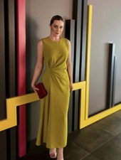 ZARA WOMAN SS24 MUSTARD MIDI DRESS WITH SIDE GATHERING SZ XS | 2900/571