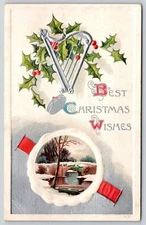 Holiday~Christmas~silver Harp~Holly Berries~Snowy Bridge Inset~PM 1909 Postcard