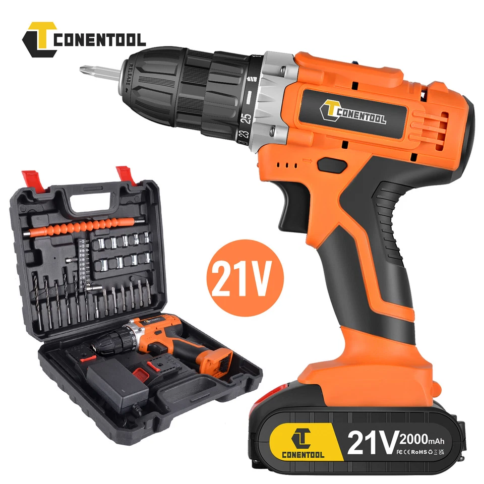 CONENTOOL 2 Battery Cordless Drill 21V Electric Screwdriver Set Combi Driver High Power UK