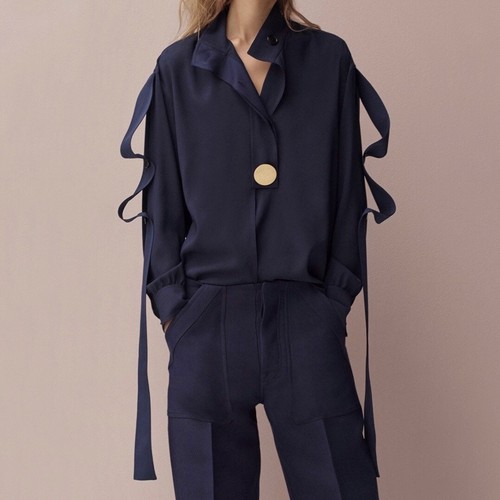 CELINE NAVY BLUE SILK BLOUSE SHIRT WITH 