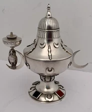 DOMINICK HAFF AESTHETIC FIGURAL OWL STERLING INLAID STONE OIL LAMP MATCHSTRIKER 