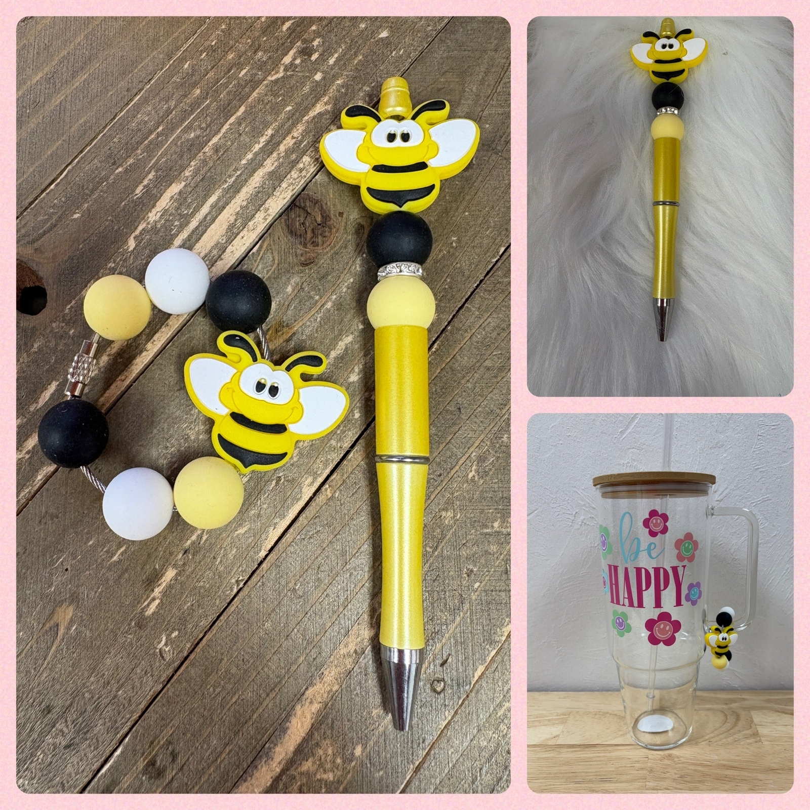Bumble Bee Themed Beverage Cup Tumbler Charm and Beadable Pen Gift Set