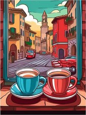 Tile Mural Italy Two Coffee Cups Street Scene Kitchen Backsplash Marble Ceramic