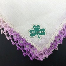 Vintage NOS Crochet Lace Handkerchief Hankie Hanky LINEN Purple Lilac White VTG