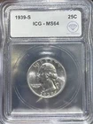1939 S Quarter Dollars Silver Coinage ICG MS-64 IDC Verified