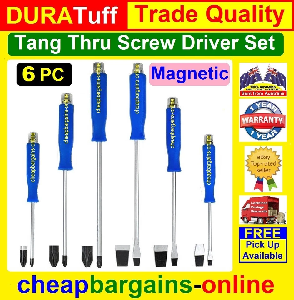 6pc SCREWDRIVER SET Tang Thru SCREW DRIVERS Phillips Head Flat Head SCREWDRIVERS