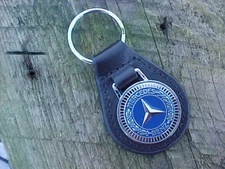 MERCEDES BENZ LEATHER KEY FOB OLD SKOOL BLUE LOGO RARE FIND EXCELLENT CONDITION!