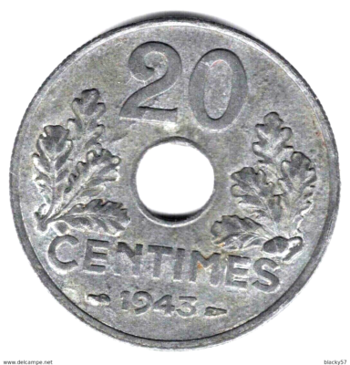 20 Centimes 1943 État Français – Zinc – Monnaie SUP – Pièce De Collection