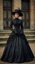 Victorian Black Gothic Prom Dress Long Sleeve High Neck Steampunk Corset Duchess