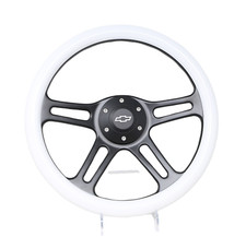 14 4 Spoke Black Steering Wheel White Grip 6 Hole Chevy Horn Button Muscle 14 4 Spoke Black Steering Wheel White Grip 6 Hole Chevy Horn Button Muscle