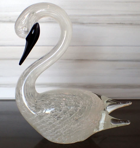 MINT Vtg Italy 9" Murano Black & White Optic Clear Art Glass Swan Bird Sculpture