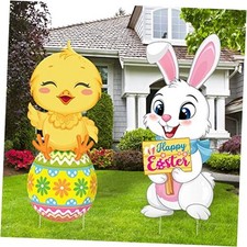 2 Pack Easter Yard Signs Cute Bunnies Chick Outdoor Lawn Decorations Easter