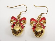 Christmas Red Bow Jingle Bells Earrings Pierced Gold Tone D3097