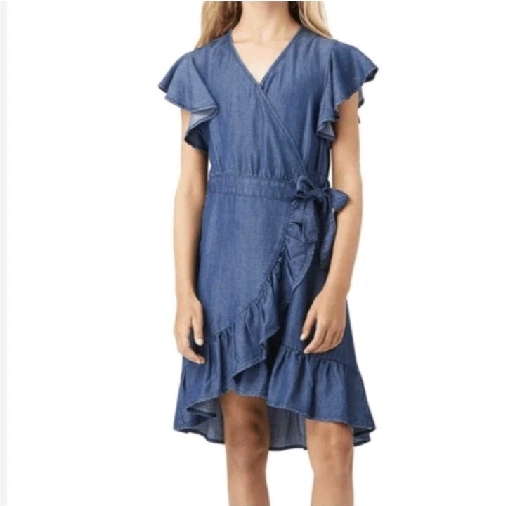RARE EDITIONS youth girls size 12 Ruffled Dark Denim Wrap Dress