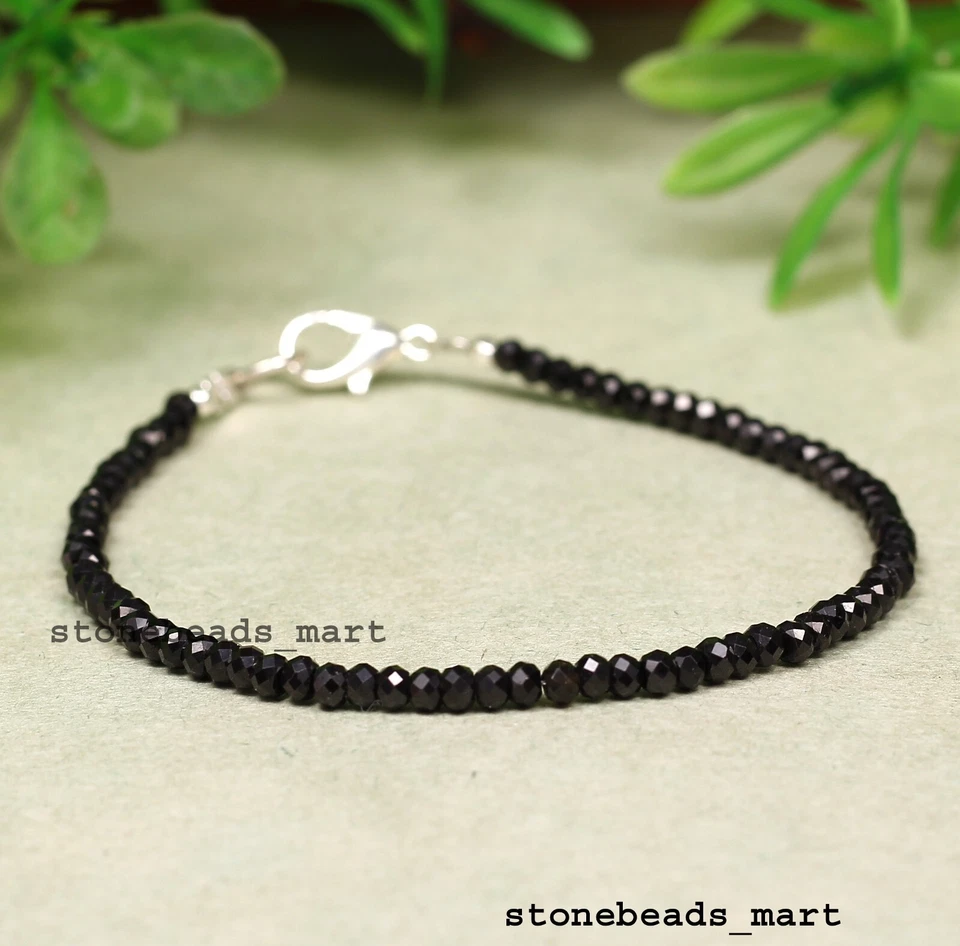 Argento Sterling 925 Ottimo Spinello Nero 3mm Rondelle Bellissimo Bracciale 7" - Immagine 3 di 4