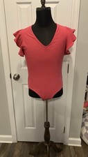 Ruffle Short Sleeve Bodysuit Slim Fit V Neck Casual Stretchy Womens Size Small