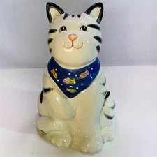 Vtg Cookie Jar Black & White Cat Fish Bandana Tabby Coco Dowley 90s Kitty