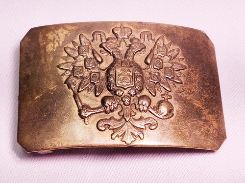 WWI Russian Imperial Double‑Headed Eagle Belt Buckle Brass Heraldic Crest