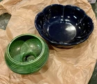 Two McCoy bowls scalloped blue and green ringed on pedestal