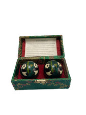 Vintage Chinese Cloisonne Panda Baoding Meditation Balls Set with Silk Box Chime