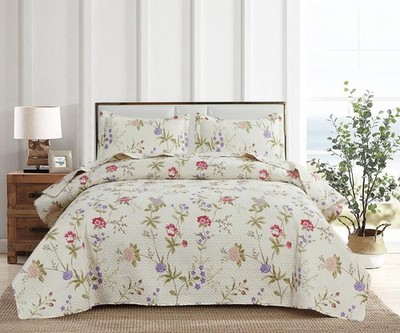 Flower Quilt Set Queen Size Beige Floral Bedspread Coverlet Spring Summer Lig...