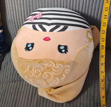 Barbie Round Throw Pillow Embroidered Doll Face Striped Polyester Beige