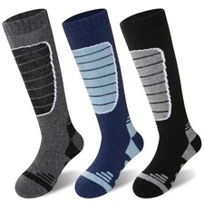 Kids Merino Wool Ski Socks Knee high Winter Thick Warm 8-12 Years Grey Stripe