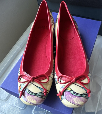 Stuart Weitzman Bow Ballet Flats Red Tan Patent Leather US 7 Women