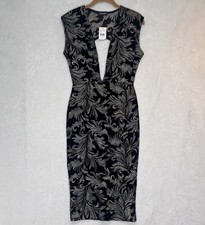 Fashion Nova Black Gold Embroidered Bodycon Midi Dress Plunge Neck Size L