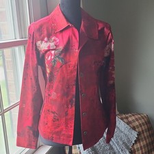 Additions by Chico's Red Floral Button-Front Jacket w/ Pockets Women's 0