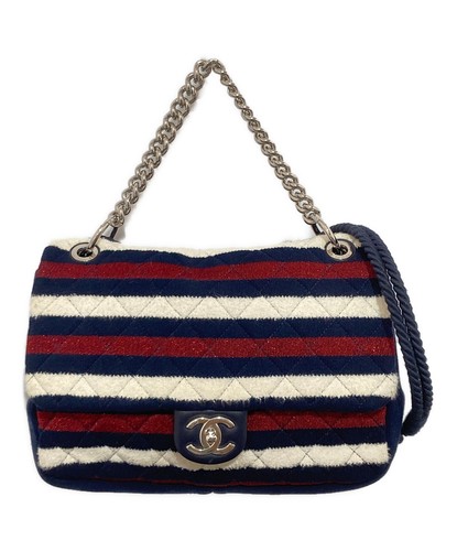 CHANEL Matelassé Cotton Single Flap Double Chain Bag Cotton Navy SK1189