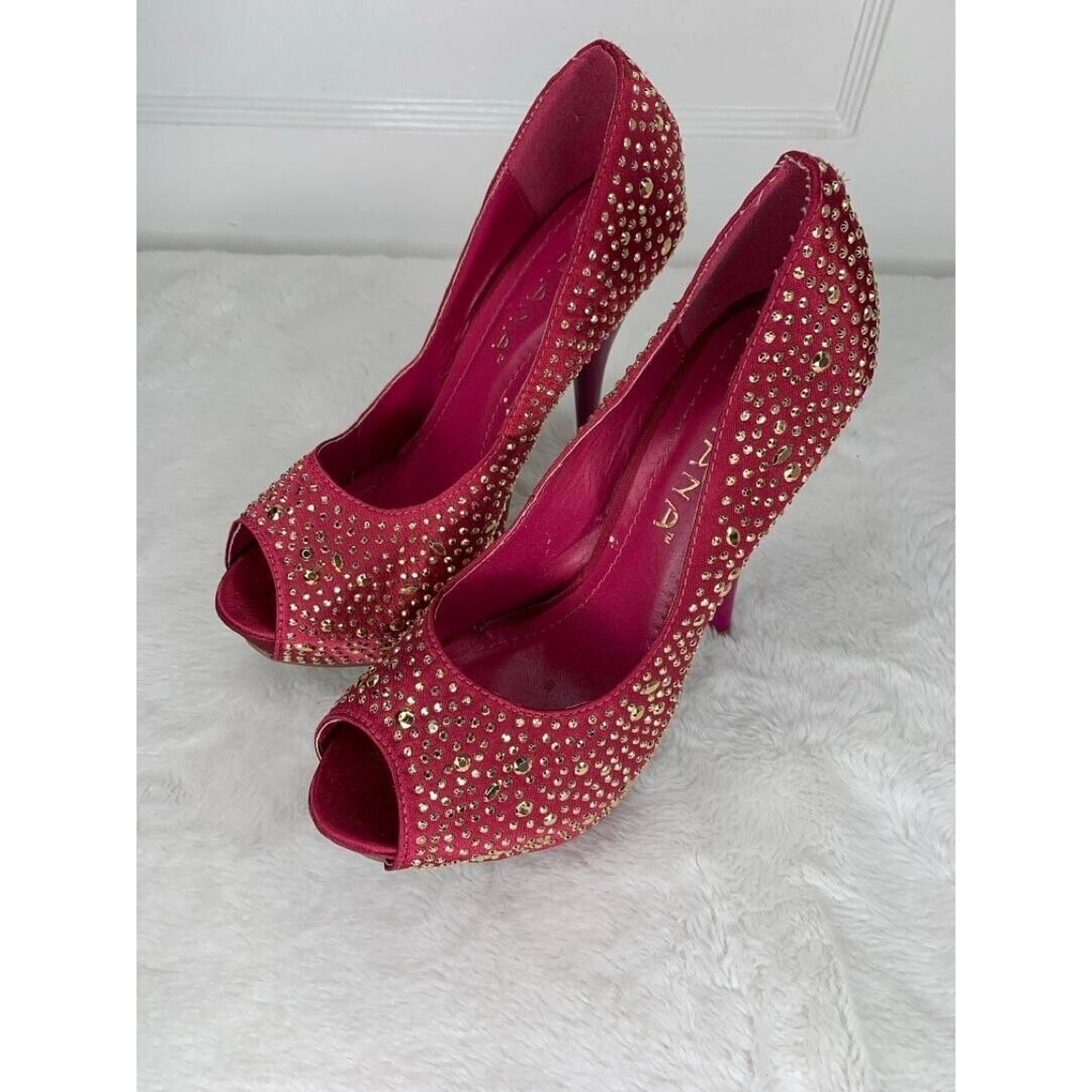 Lilliana Womens Size 7 Red Rhinestone Peep Toe Stiletto High Heels