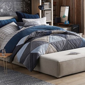 Pottery Barn Huntley Patch Quilt Twin Pick Stitch Cotton Blue Gray Beige