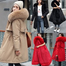 Womens Fleece Lined Fur Collar Parka Coat Winter Warm Long Hooded Quilted Jacket