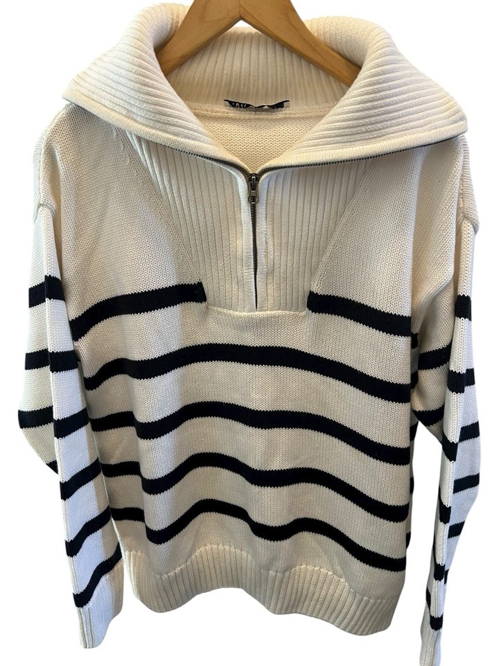 Zara Women's Cream Black Striped Quarter Zip Pullover Chunky Rib Knit ...