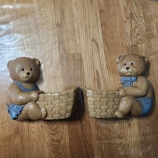 Pair BURWOOD Products Teddy Bear Girl Boy Wall Pockets Nursery Decor Vintage