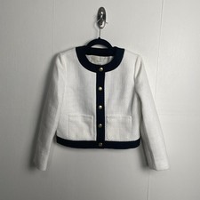 J Crew Tweed Women s Jacket Cropped White Black Contrast Gold Button Size 4P.