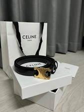 Celine Triomphe Leather Black Belt Gold Logo Women's Belt,Size 85